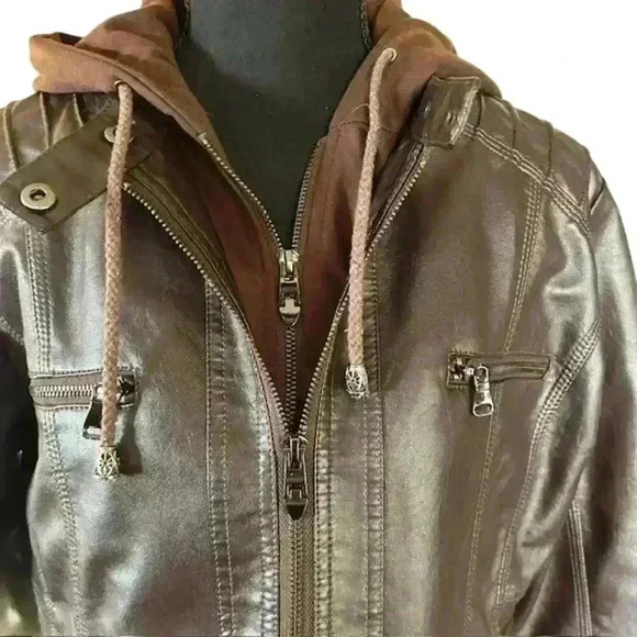 Faux Leather Jacket with Removeable Zip In Cotton Hood, Brown Size XL - Picture 2 of 7